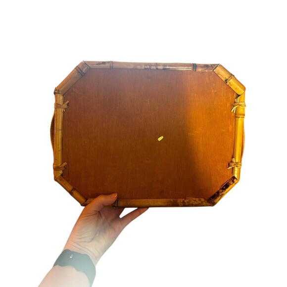 Vtg Rattan Bamboo Woven 3 Handled Tray Vanity Wicker Serving Platter 14”x10” - Picture 4 of 7